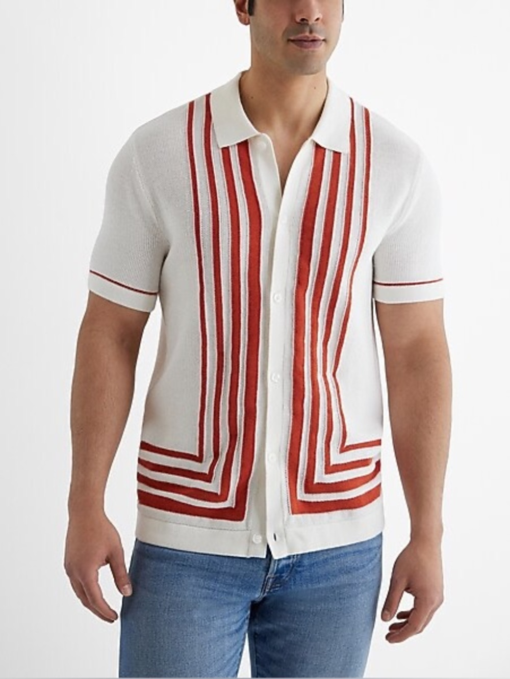 New w tag/ White Short Sleeve Knit Polo with Red Geometric Stripes